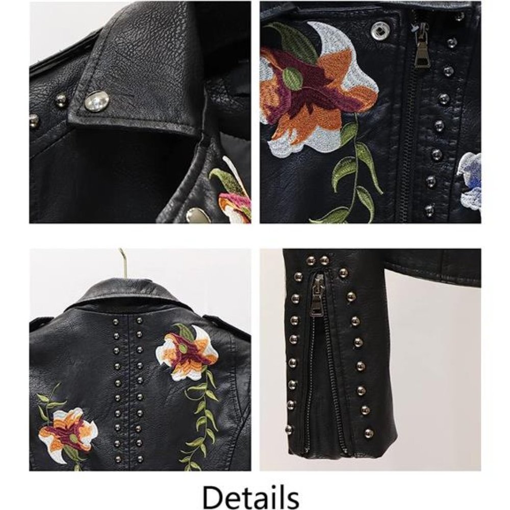 Black Floral Embroidered Studded Faux Leather Jacket Moto Bomber Jacket Coat - Picture 5 of 7